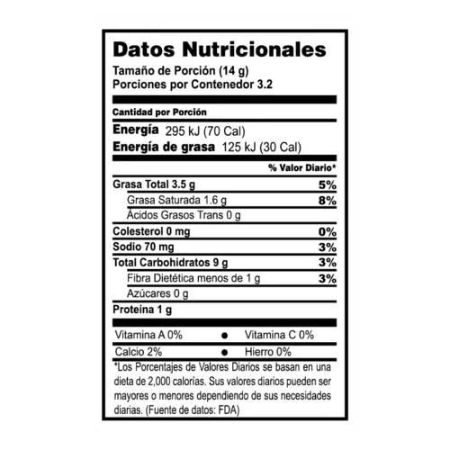 Tabla de informacion nutricional de Max Palitos Original