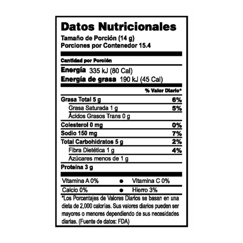 Tabla de informacion nutricional de MANI JAPONES