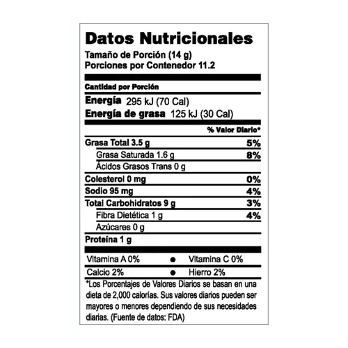 Tabla de informacion nutricional de ELOTITOS BARBACOA