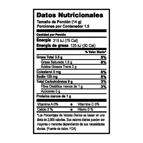 Tabla de informacion nutricional de ELOTITOS VALIENTES