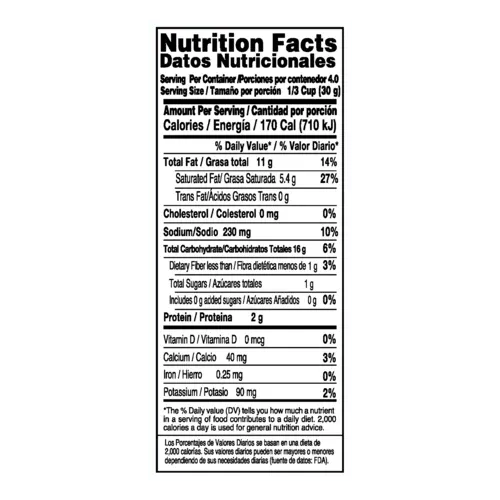 Tabla de informacion nutricional de Favori Mix Queso
