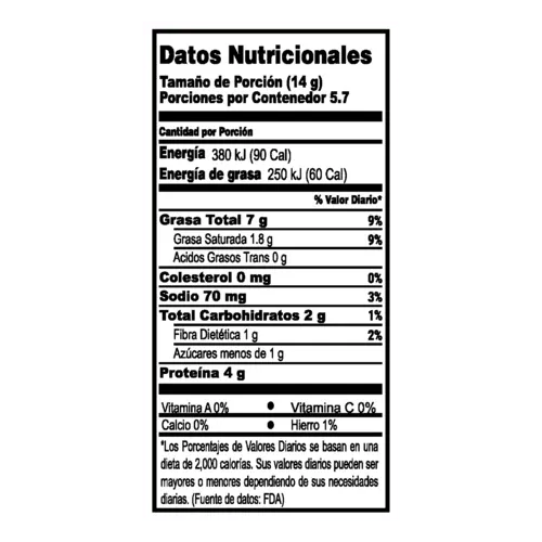 Tabla de informacion nutricional de MANI CON SAL