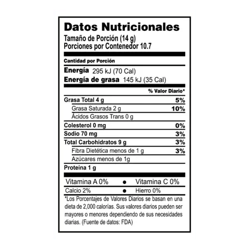 Tabla de informacion nutricional de NACHOS