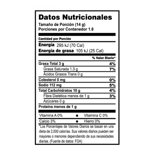 Tabla de informacion nutricional de PALITOS CHILIMÓN