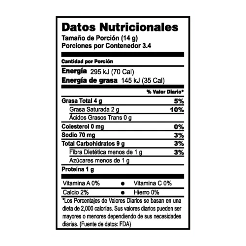 Tabla de informacion nutricional de Max Nachos