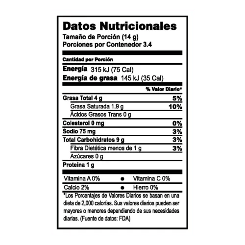 Tabla de informacion nutricional de Max Jalapeños