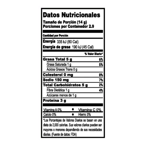 Tabla de informacion nutricional de Max Maní Japonés