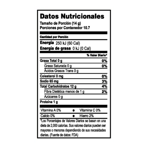 Tabla de informacion nutricional de MINI PRETZEL