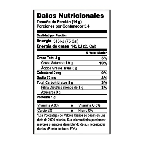 Tabla de informacion nutricional de JALAPEÑOS